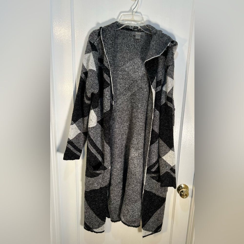 Natural Reflections Women's L Blk /Wht Plaid Hooded Wrap Open Long Slv Cardigan